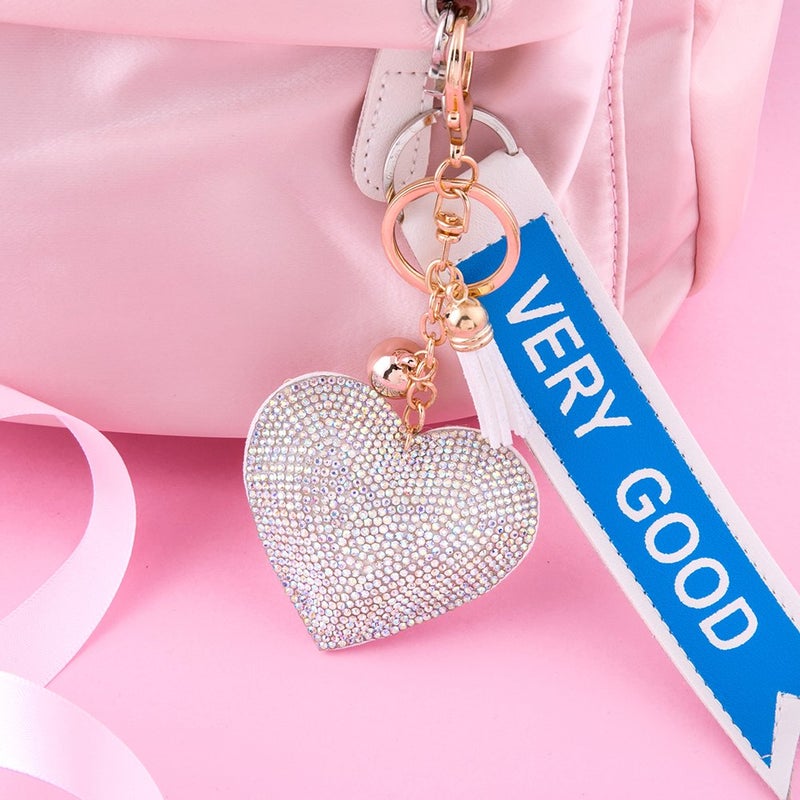 Soleebee Glitter Love Heart Keychain Premium SS6 Crystal Tassel Key Chain Leather Bag Charm for Women Girls (Light gold) - Image 5